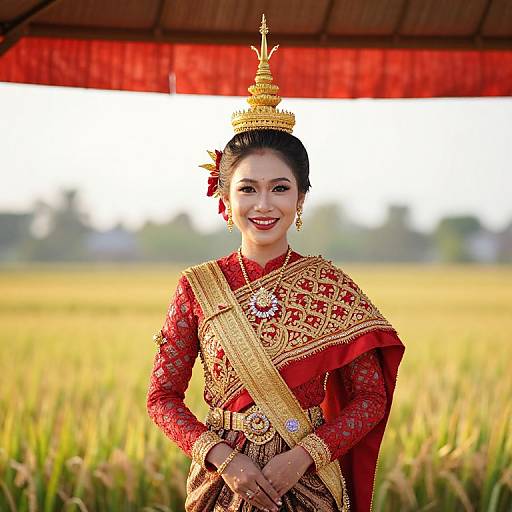 Traditional Thai Bride in Red and Gold