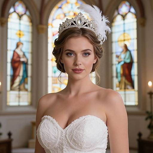 Photograph of a beautiful young woman with fair skin, brown hair in an updo, wearing a white lace strapless wedding dress and silver tiara