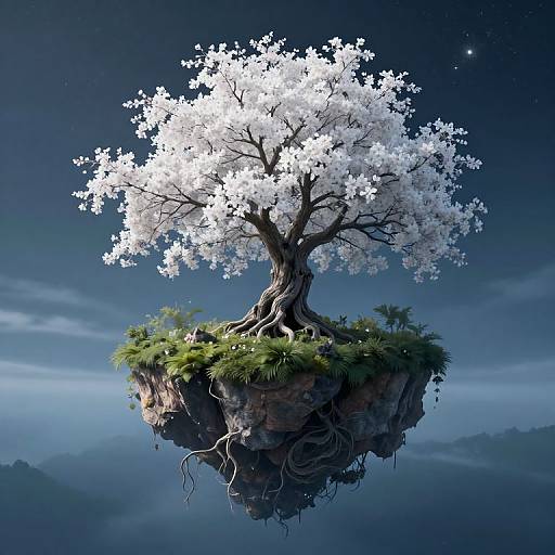 Fantastical floating island with a white-blossomed cherry tree, surrounded by greenery, roots dangling, against a starry night sky. Digital