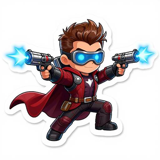 Chibi-style digital drawing of a brown-haired, blue-eyed, superhero with glowing blue eyes, wielding two blue-energy guns, wearing a red coat and