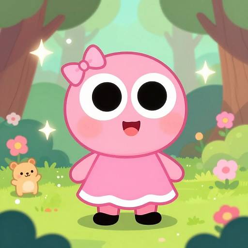 Cute pink cartoon character with large black eyes, pink bow, and pink dress stands in sunny, sparkly forest with small bear.