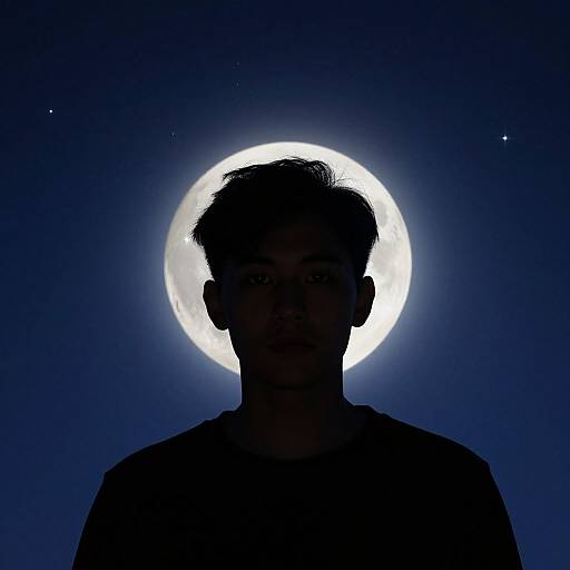Silhouetted male figure with short hair, centered against a glowing full moon in a dark blue night sky. Two small stars visible. Photographic