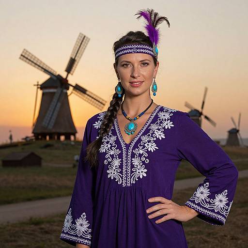 Photograph of a woman with a purple feathered headband, blue earrings, and embroidered navy dress, standing in front of windmills at sunset