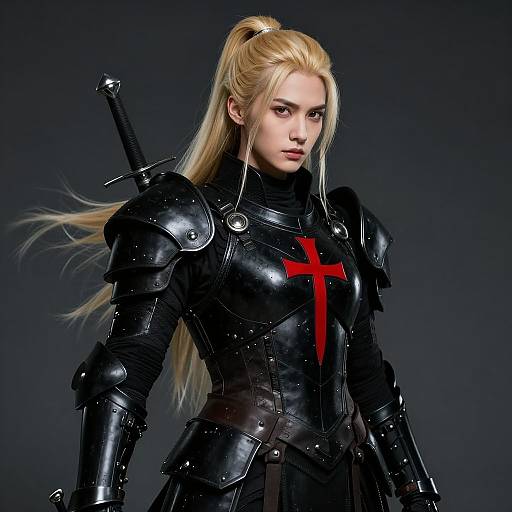 CGI image of a blonde woman in black, glossy medieval armor with a red cross, long ponytail, and sword on back, against a dark