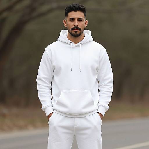 Realistic Man in White Hoodie Outdoors