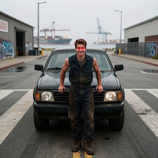Cybernetic Mechanic with Matte Black Pickup Truck at Harbor