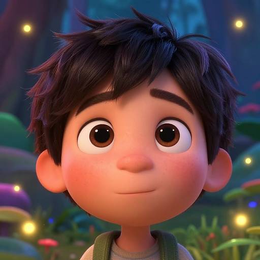 CGI close-up of a cute, wide-eyed boy with dark, spiky hair, large brown eyes, and a subtle smile, set in a