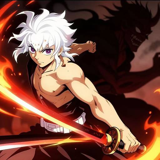 Anime-style digital drawing of a muscular, white-haired, purple-eyed male warrior with a glowing red sword, battling a dark, fiery dragon.
