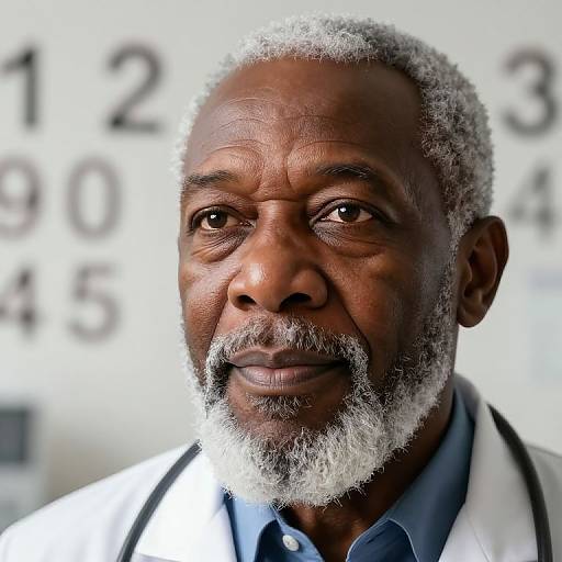 Photograph of an elderly African-American man with short white curly hair and white beard, wearing a white coat and blue shirt, against a blurred background with