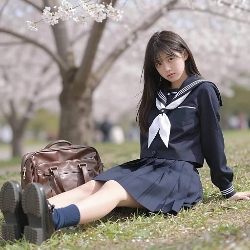 Young Woman in Japanese School Uniform Sitting Under Cherry Blossoms