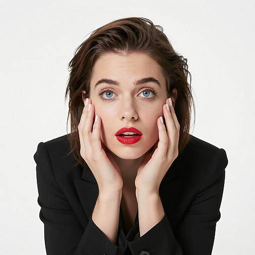 Photograph of a surprised woman with blue eyes, red lipstick, and dark brown hair, wearing a black blazer, hands on her cheeks, against