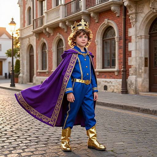 Photograph of a young boy with curly brown hair, wearing a blue royal outfit, gold boots, purple ornate cape, and gold crown, standing