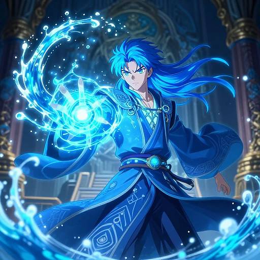 Digital anime artwork of a blue-haired, intense male mage in flowing dark blue robes, conjuring glowing blue energy in an ornate, dimly-l