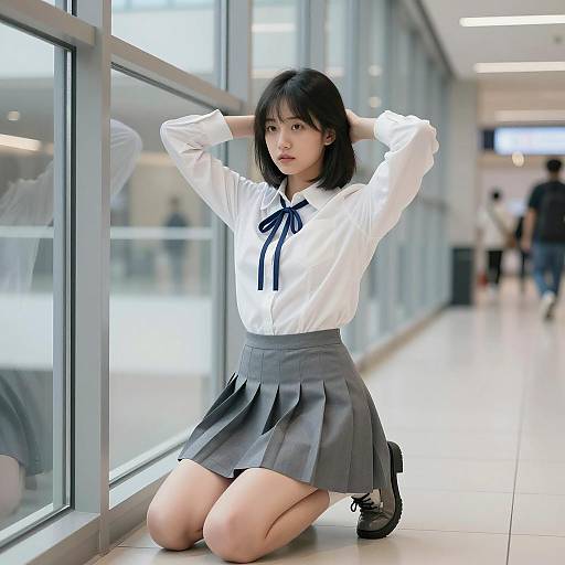 Asian Woman in School Uniform Kneeling Indoors