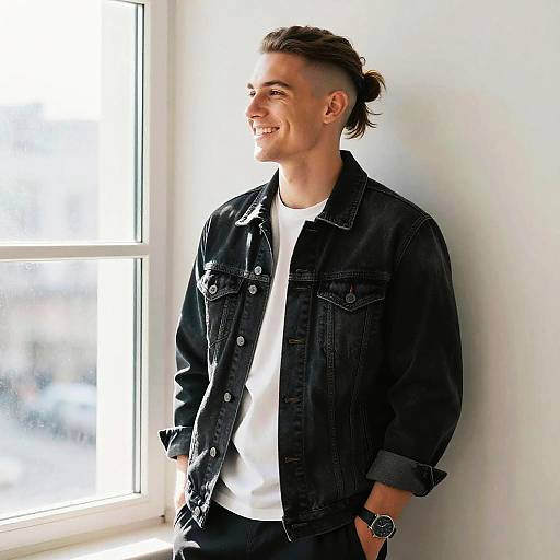 Photograph of a smiling young man with a undercut hairstyle, wearing a black denim jacket over a white t-shirt, standing by a sunlit window.