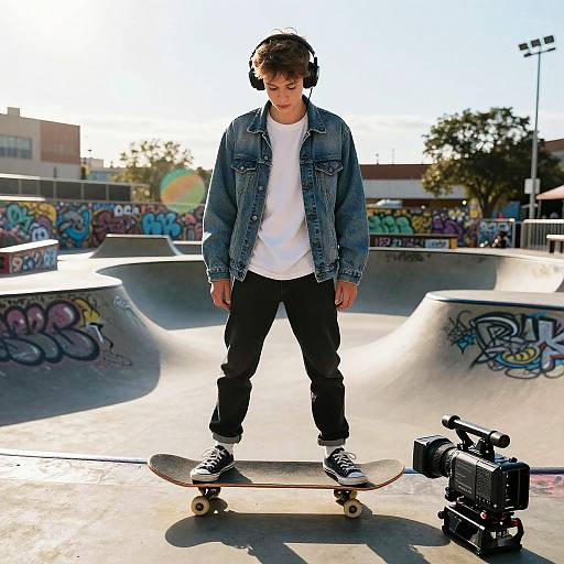 Photograph of a teenage boy with brown hair, wearing a denim jacket, white shirt, black pants, and black sneakers, standing on a skateboard in
