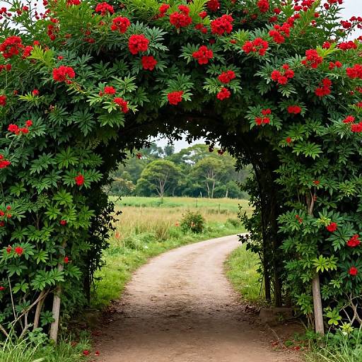 Photograph of a lush green archway with bright red flowers, framing a winding dirt path leading to a grassy field.