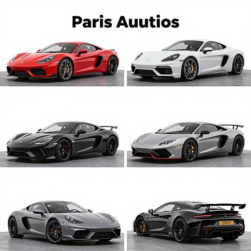 Photograph collage of six high-performance Pari Autos sports cars in various colors (red, white, black, silver) with sleek designs, displaying front