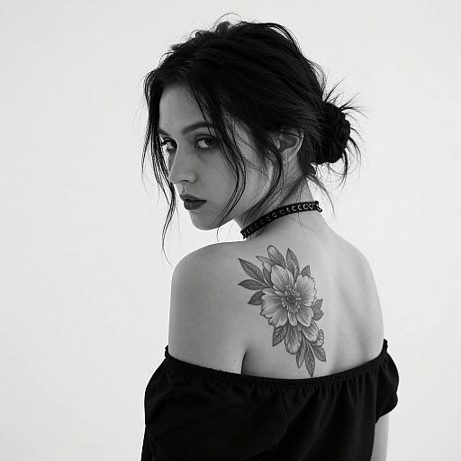 Black-and-white photo of a woman with dark hair in a messy bun, off-shoulder black top, choker necklace, and large floral tattoo