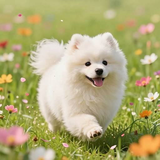 Fluffy white puppy joyfully runs through a vibrant field of colorful flowers, tongue out, with bright green grass in the background.