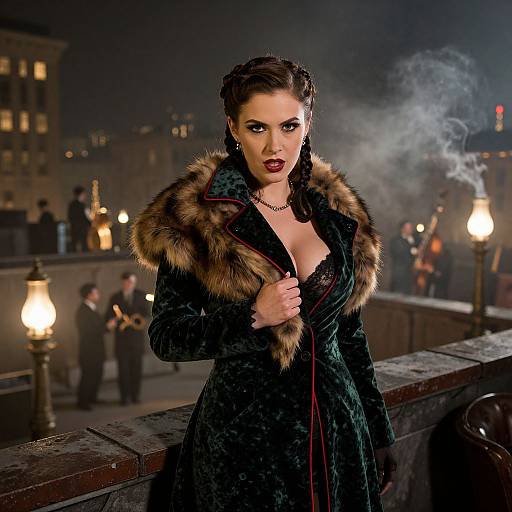 Photograph of a dark-haired woman with red lipstick, wearing a green velvet coat with fur collar, standing on a foggy night bridge, surrounded by