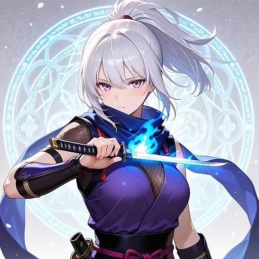 Ninja Girl with White Hair and Magic