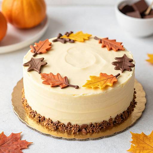 Photograph of a round, beige-frosted cake adorned with autumn leaves, star-shaped chocolate decorations, and brown piped border, set on a