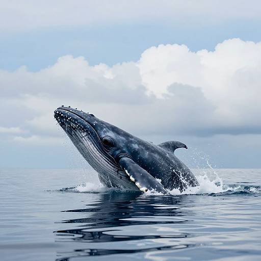Photograph of a large humpback whale breaching water, with dark gray skin, white patches, and splashes, under a bright, cloudy
