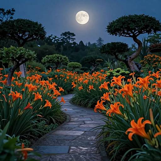 Photograph of a moonlit garden path lined with vibrant orange flowers, surrounded by carefully trimmed trees, under a glowing full moon.