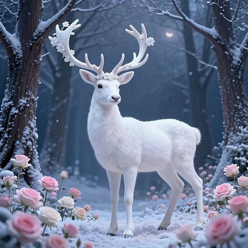Photograph of a white deer with ornate antlers standing in a snowy forest, surrounded by pink and white roses, under a moonlit sky.
