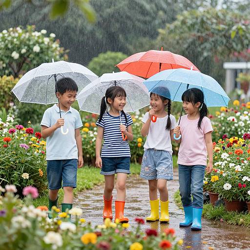 Joyful Children Playing in Rainy Garden