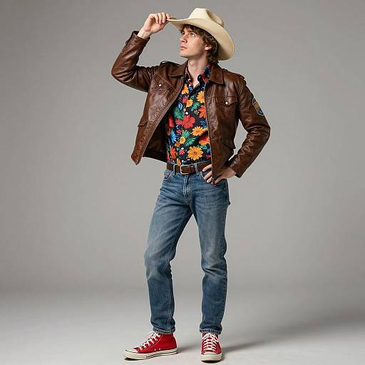 Young Man in Cowboy Hat and Leather Jacket
