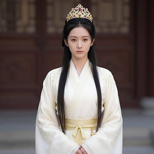 Photograph of an East Asian woman with long black hair, wearing a white traditional Korean hanbok, gold sash, and ornate gold ti