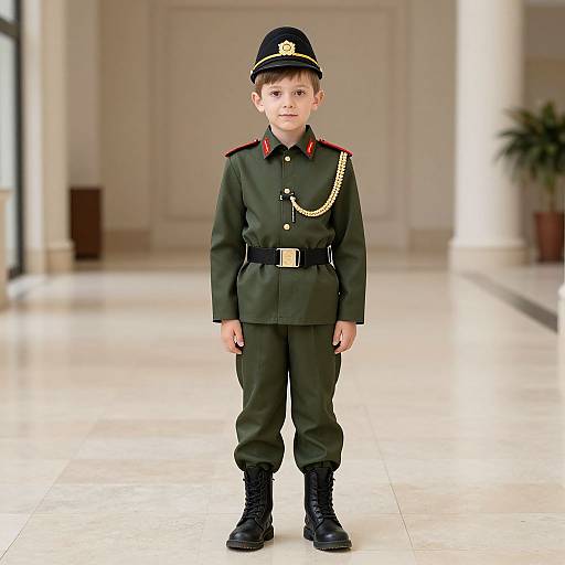 Photograph of a young boy in a green military-style uniform with black boots, gold chain, and hat, standing in a bright, spacious hallway.