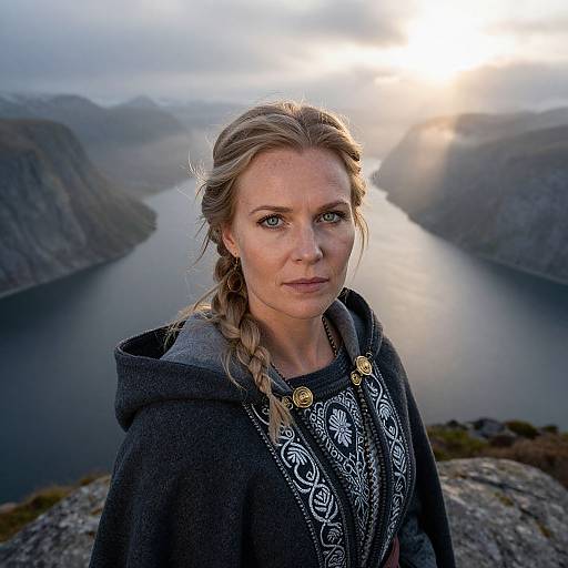 Photograph of a blonde woman with braided hair, wearing a black hooded cloak, standing on a rocky cliff overlooking a serene, sunlit fj