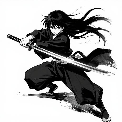 Monochrome digital drawing of a fierce, long-haired samurai in a black kimono wielding a sword, poised for attack. Dynamic, sketchy style