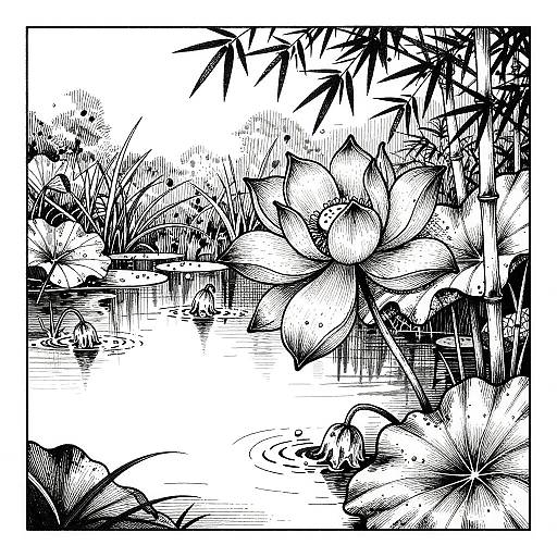 Stippled Ink Drawing of Wilting Lotus