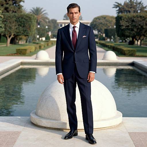 Photograph of a handsome man in a black suit, white shirt, and maroon tie, standing in front of a white dome-shaped fountain in a