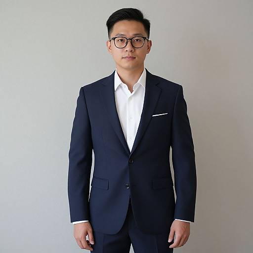 Photograph of an Asian man with short black hair, wearing black-rimmed glasses, a black suit, white shirt, and pocket square, standing