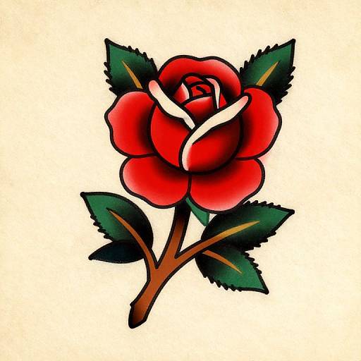 Digital illustration of a vibrant red rose with bold black outlines, green leaves, and a brown stem, set against a plain white background.
