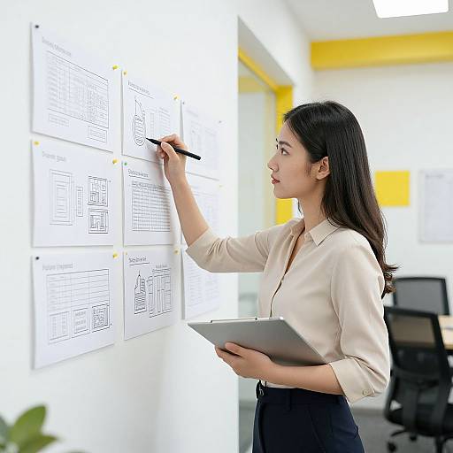 Asian woman with long black hair, wearing white blouse and black pants, writing on a whiteboard with diagrams, holding clipboard in bright office. Photographic