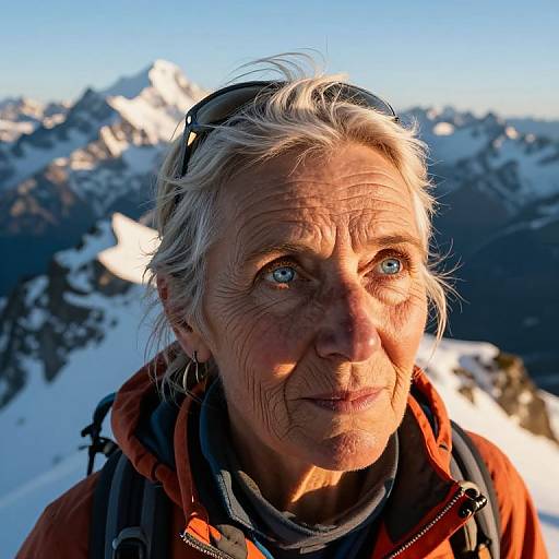 Photograph of an elderly woman with gray hair, blue eyes, and wrinkles, wearing an orange jacket and sunglasses on her head, standing against a snowy
