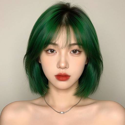 Digital portrait of an Asian woman with green shoulder-length hair, red lips, light skin, and subtle makeup, wearing a simple necklace against a plain white