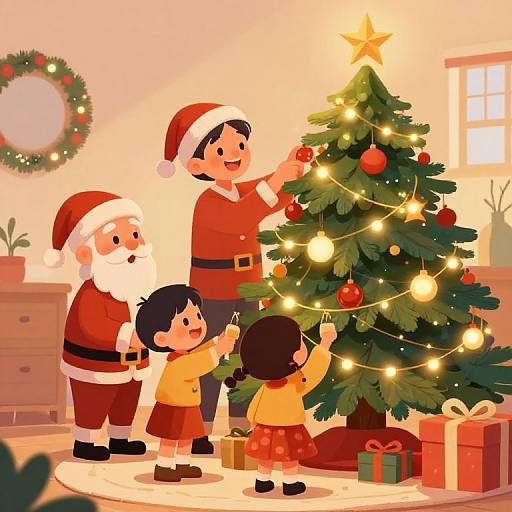 Joyful Family Decorating Christmas Tree