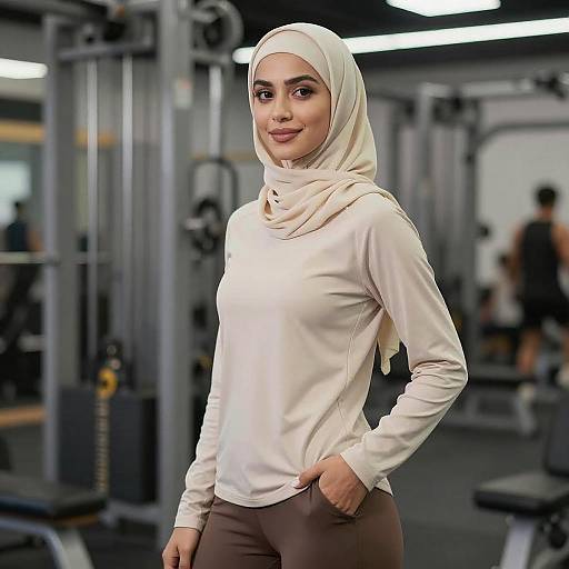 Young Woman in Beige Hijab at Gym