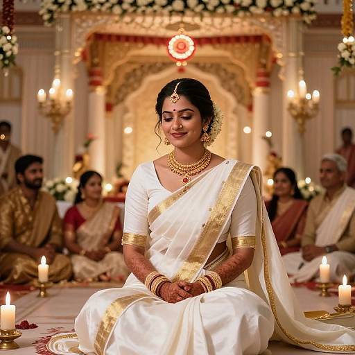 Photograph of a smiling South Asian bride in a white and gold traditional saree, adorned with jewelry, seated in a brightly lit, candlelit wedding