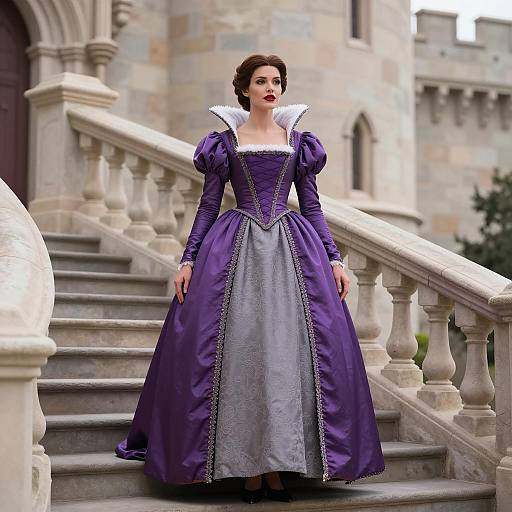 Woman in Elegant Purple and Gray Ballgown on Castle Stairs