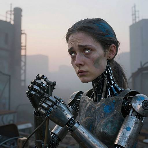 Photorealistic CGI of a cybernetic woman with mechanical arms, dirty face, and serious expression, standing in a foggy, industrial ruins background