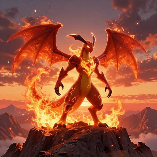 Digital artwork of a fiery, red-scaled, dragon-like creature with large wings standing on a rocky mountain peak at sunset, engulfed in bright flames