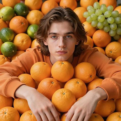 Young Man Surrounded by Fresh Citrus Fruits